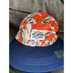 City Hunters Hat Unisex Adjustable Orange AOP Cap Hawaiian Flowers Blue Vtg USA